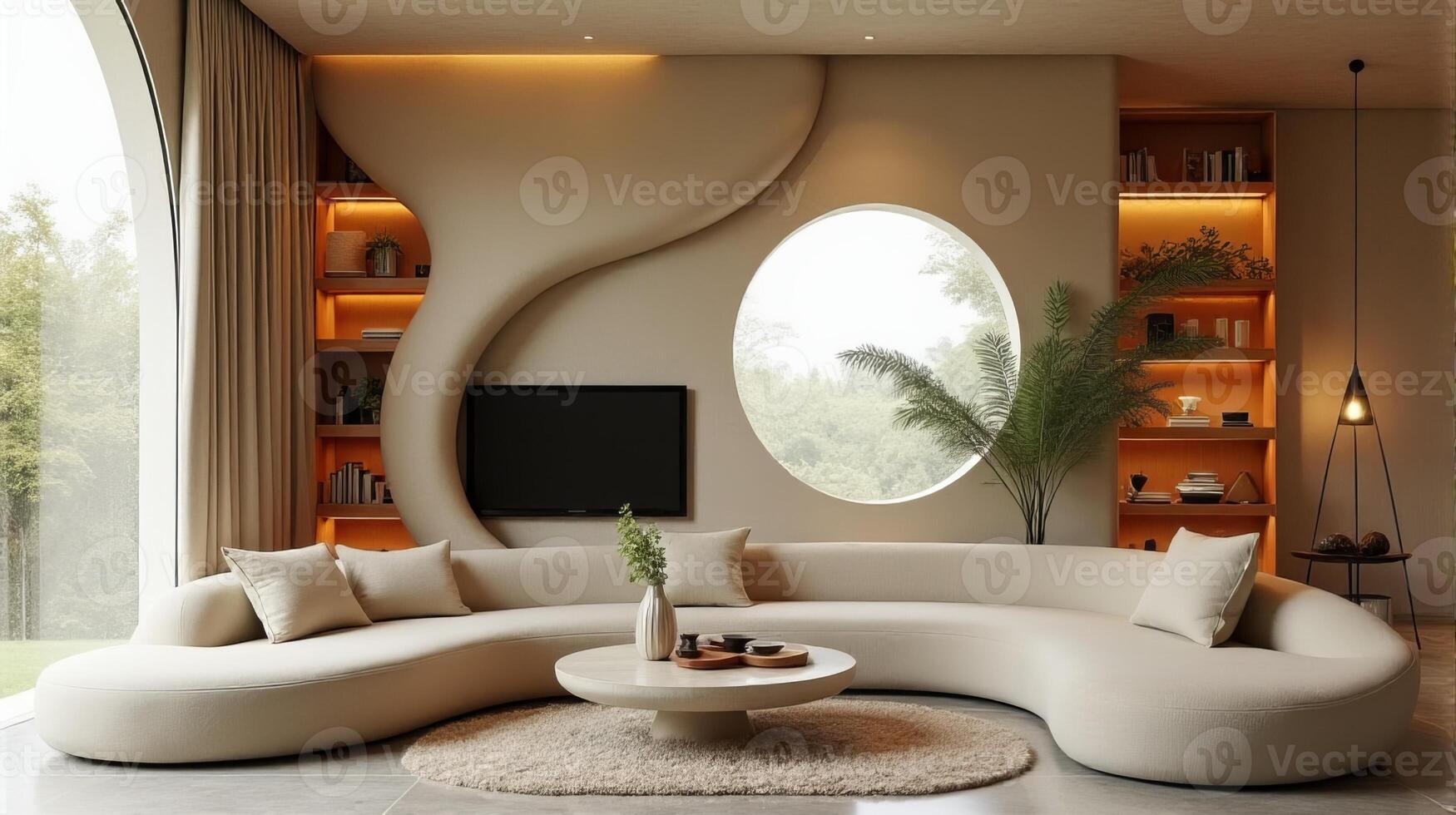 Interior Space Integrating Organic and Fluid Forms Into a Functional Living Area With a Color Palette That Evokes a Warm Natural and Serene Atmosphere photo