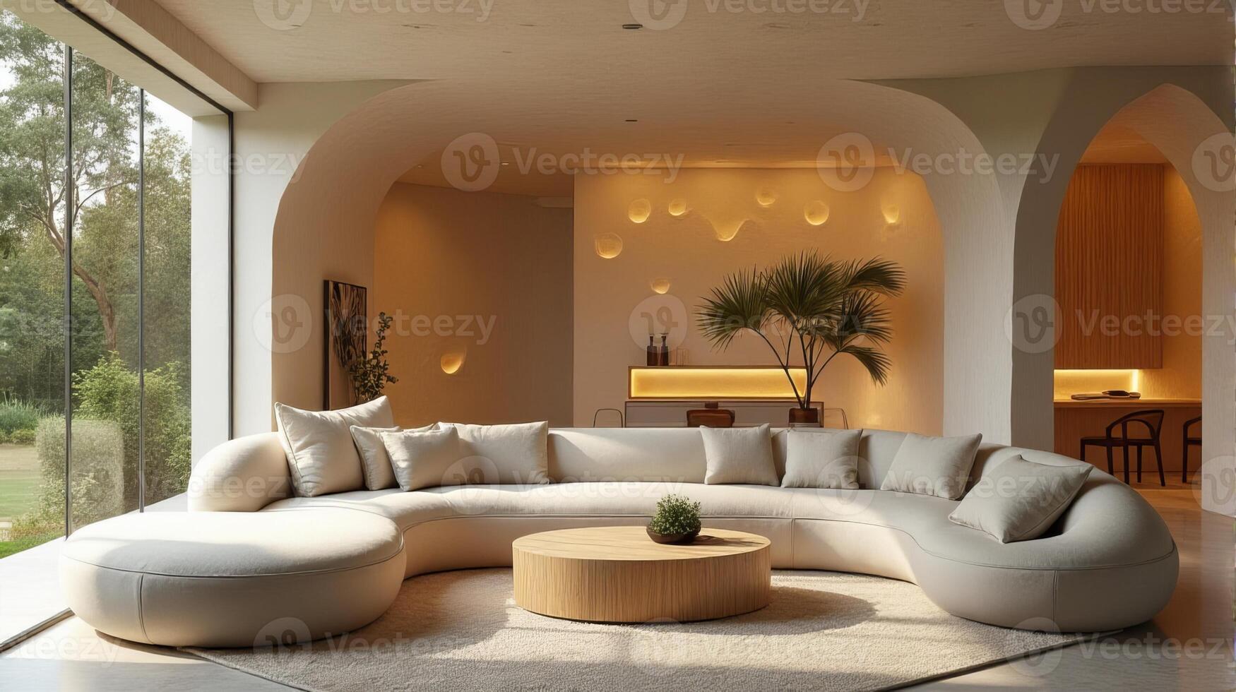 Interior Space Integrating Organic and Fluid Forms Into a Functional Living Area With a Color Palette That Evokes a Warm Natural and Serene Atmosphere photo