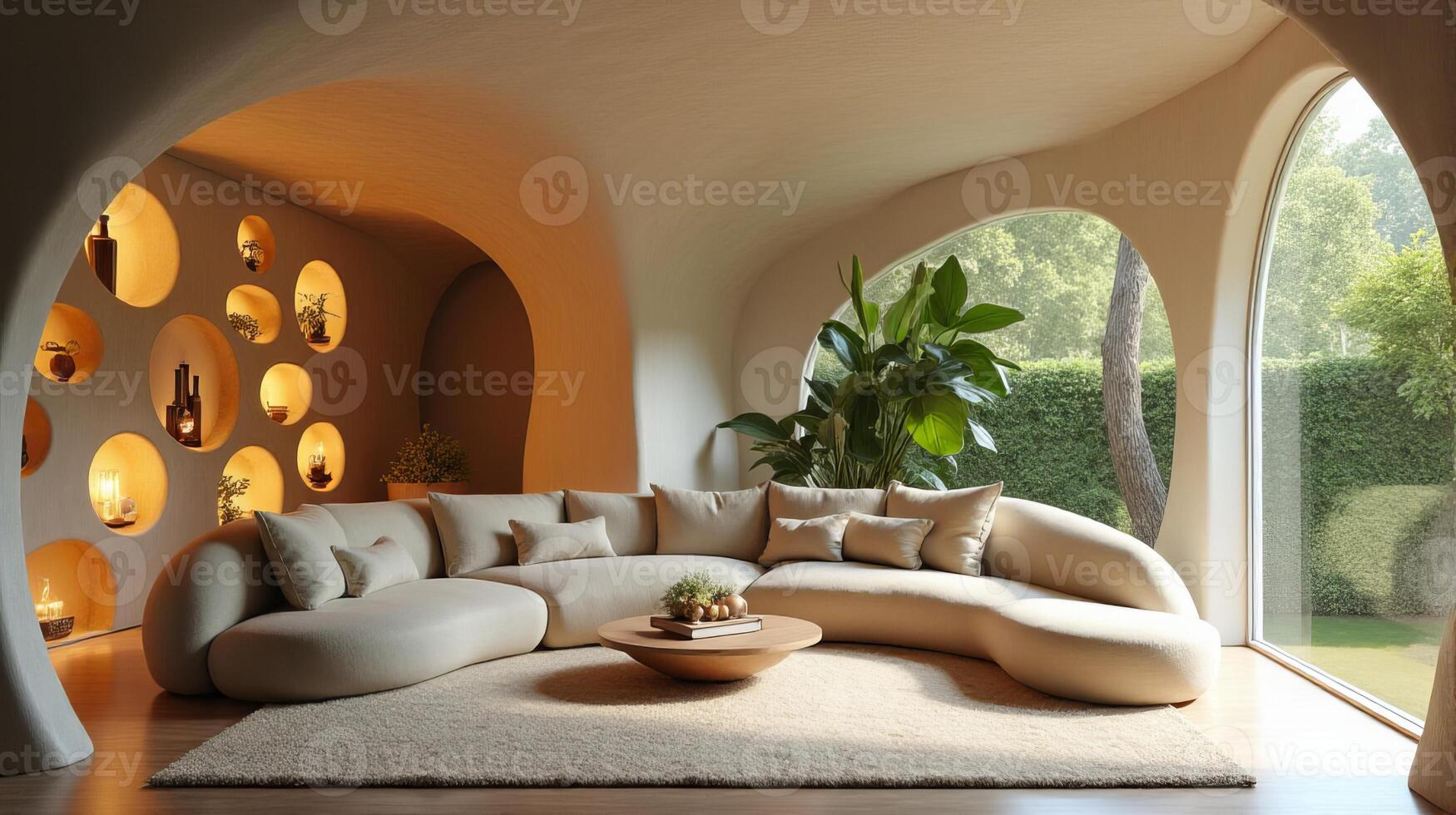 Interior Space Integrating Organic and Fluid Forms Into a Functional Living Area With a Color Palette That Evokes a Warm Natural and Serene Atmosphere photo