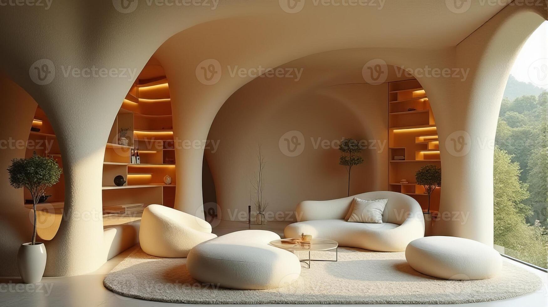Interior Space Integrating Organic and Fluid Forms Into a Functional Living Area With a Color Palette That Evokes a Warm Natural and Serene Atmosphere photo
