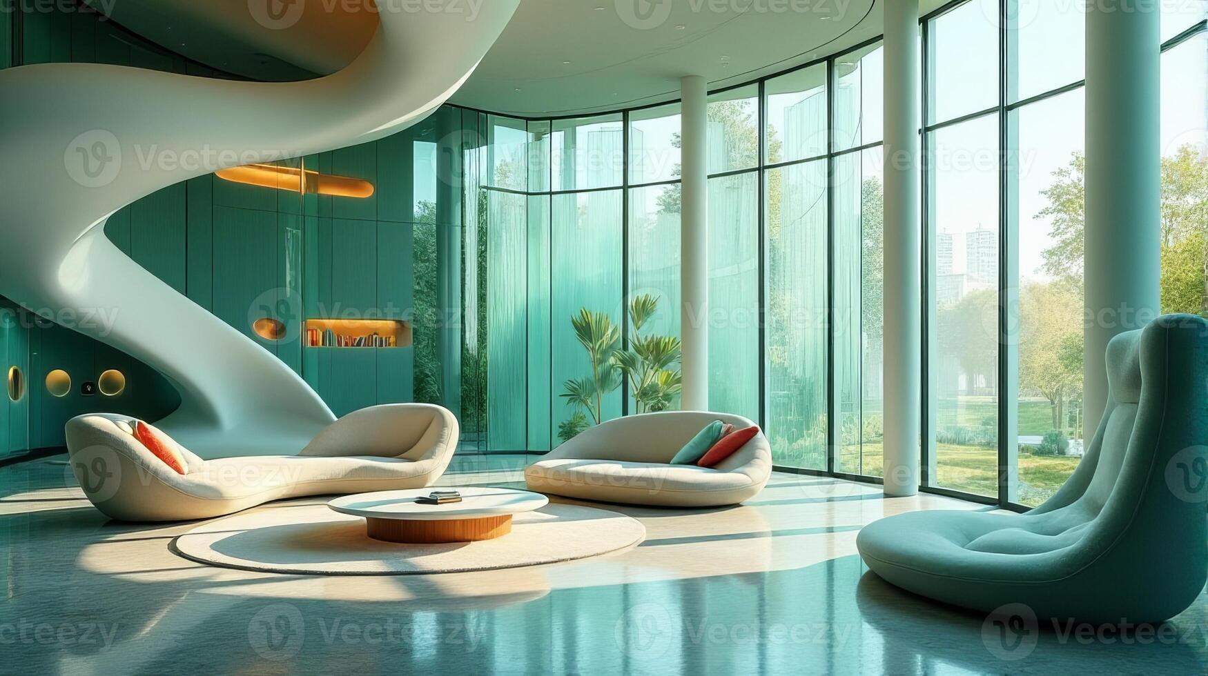 Interior Space Integrating Organic and Fluid Forms Into a Functional Living Area With a Color Palette That Evokes a Cool Toned Natural and Serene Atmosphere photo