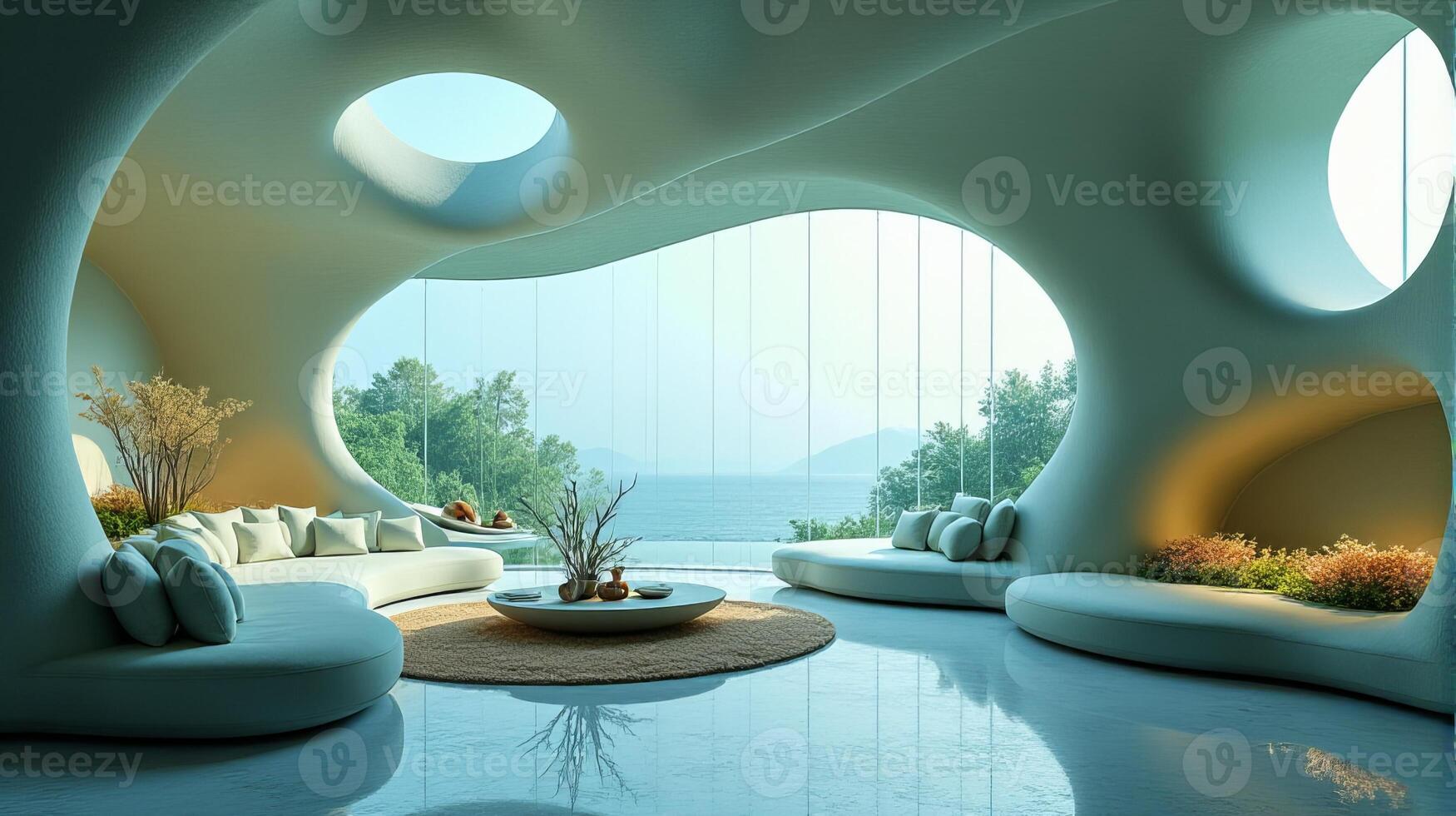Interior Space Integrating Organic and Fluid Forms Into a Functional Living Area With a Color Palette That Evokes a Cool Toned Natural and Serene Atmosphere photo