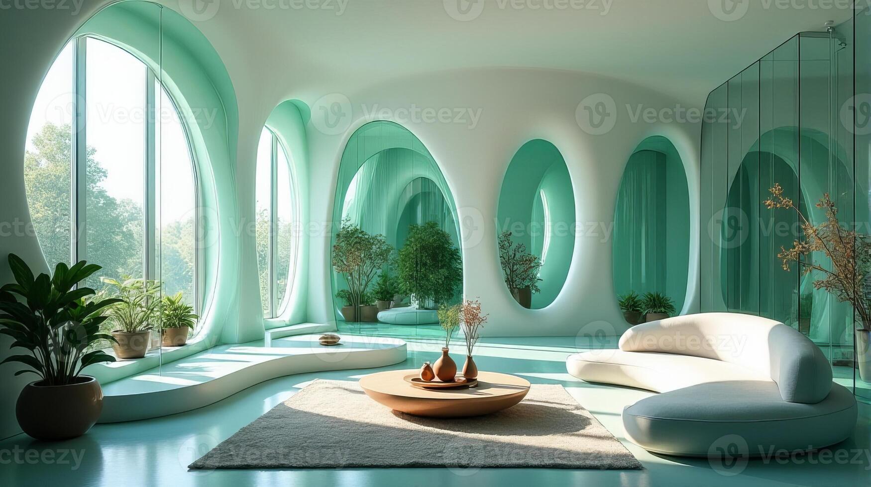 Interior Space Integrating Organic and Fluid Forms Into a Functional Living Area With a Color Palette That Evokes a Cool Toned Natural and Serene Atmosphere photo