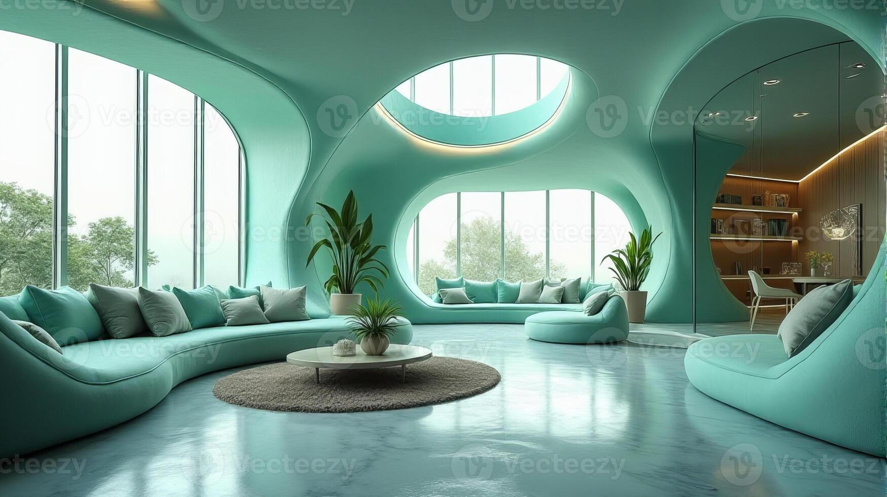 Interior Space Integrating Organic and Fluid Forms Into a Functional Living Area With a Color Palette That Evokes a Cool Toned Natural and Serene Atmosphere photo