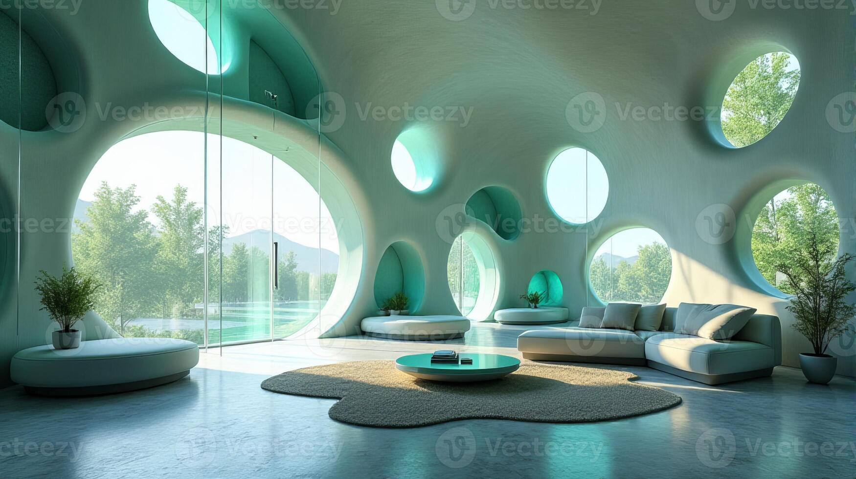 Interior Space Integrating Organic and Fluid Forms Into a Functional Living Area With a Color Palette That Evokes a Cool Toned Natural and Serene Atmosphere photo