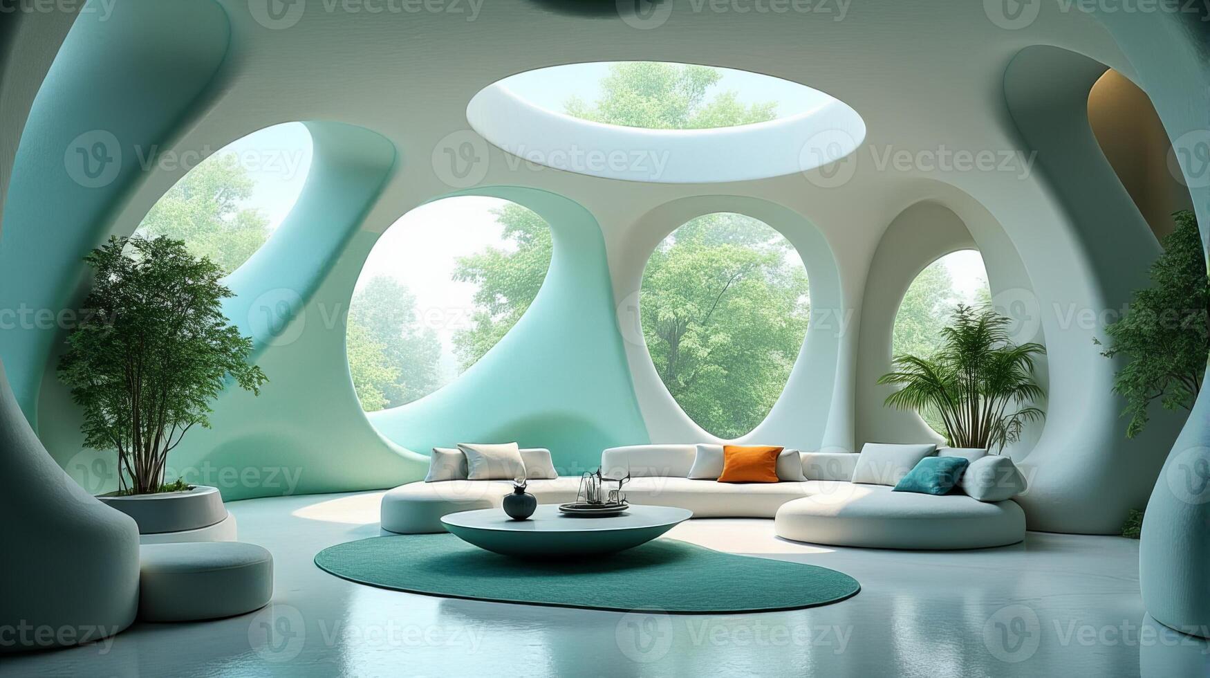 Interior Space Integrating Organic and Fluid Forms Into a Functional Living Area With a Color Palette That Evokes a Cool Toned Natural and Serene Atmosphere photo