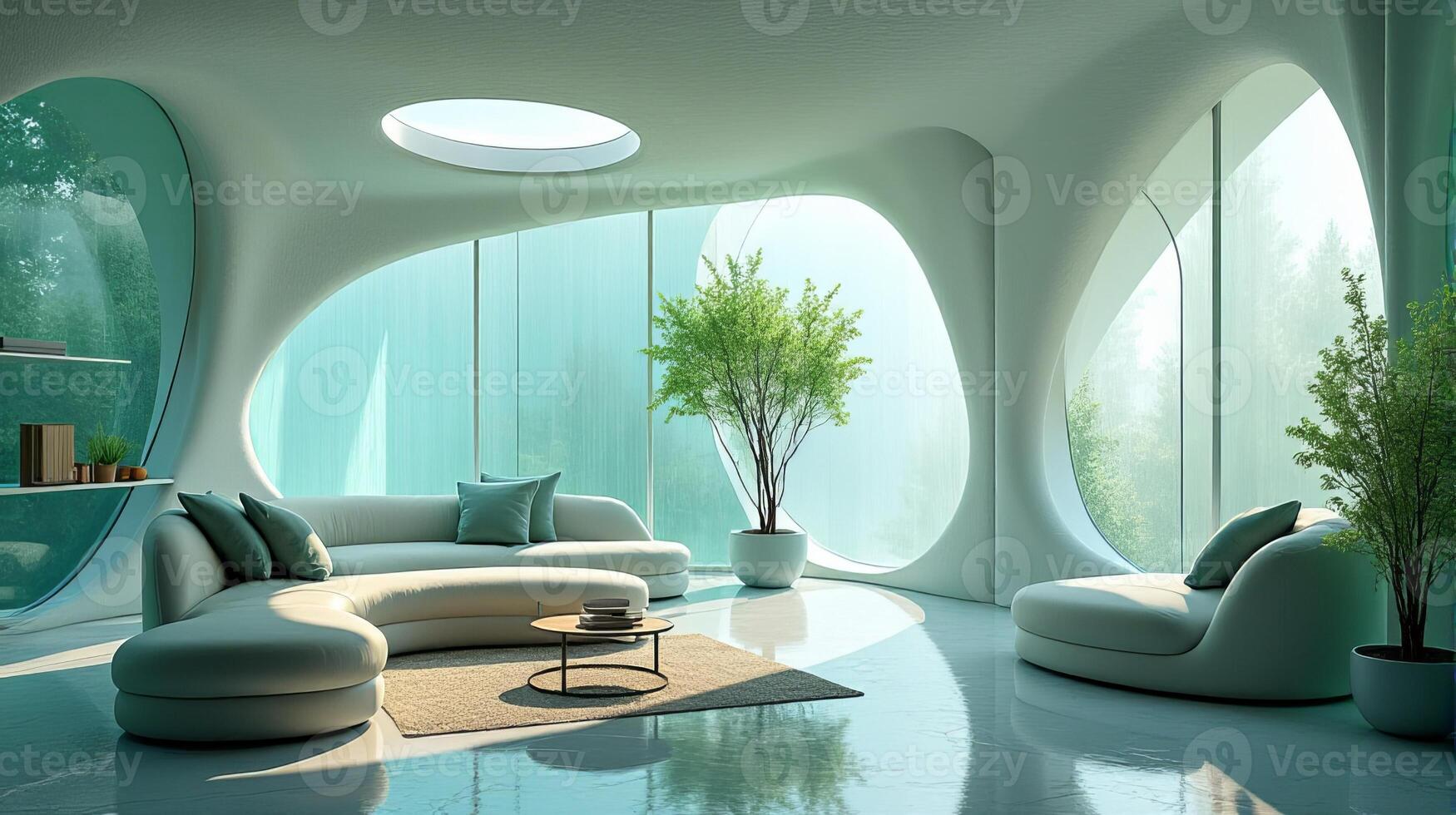 Interior Space Integrating Organic and Fluid Forms Into a Functional Living Area With a Color Palette That Evokes a Cool Toned Natural and Serene Atmosphere photo