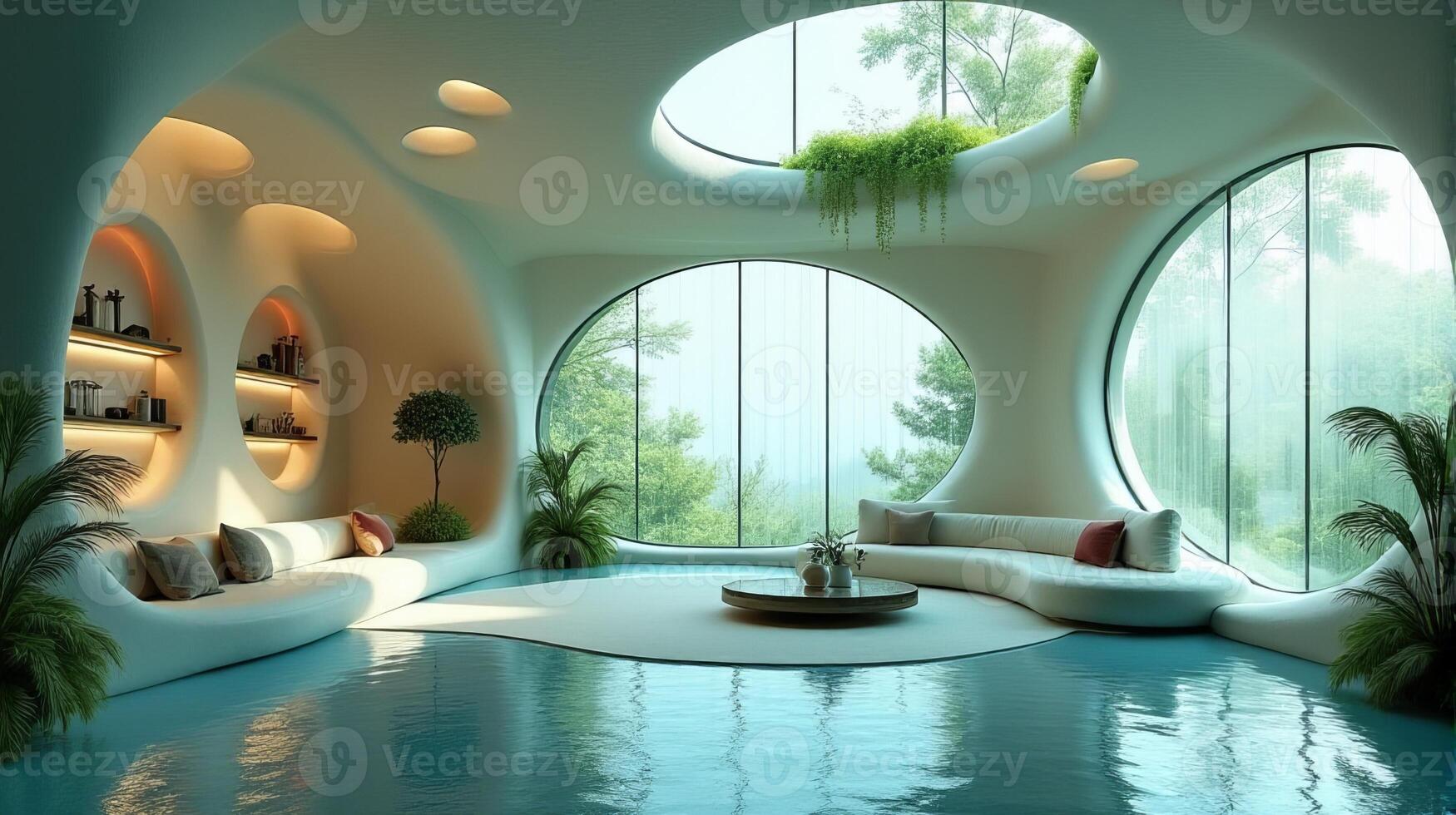 Interior Space Integrating Organic and Fluid Forms Into a Functional Living Area With a Color Palette That Evokes a Cool Toned Natural and Serene Atmosphere photo