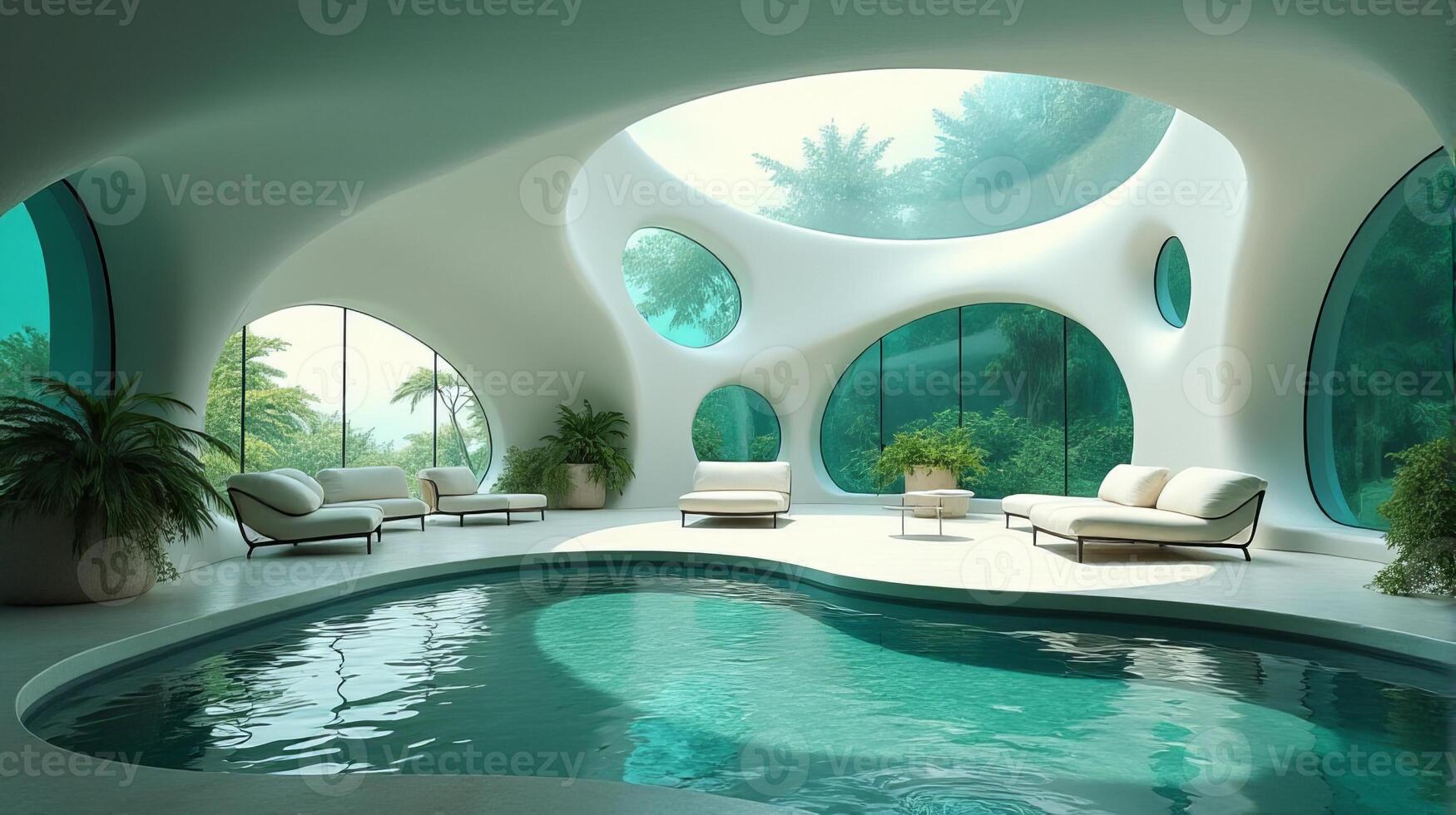 Interior Space Integrating Organic and Fluid Forms Into a Functional Living Area With a Color Palette That Evokes a Cool Toned Natural and Serene Atmosphere photo