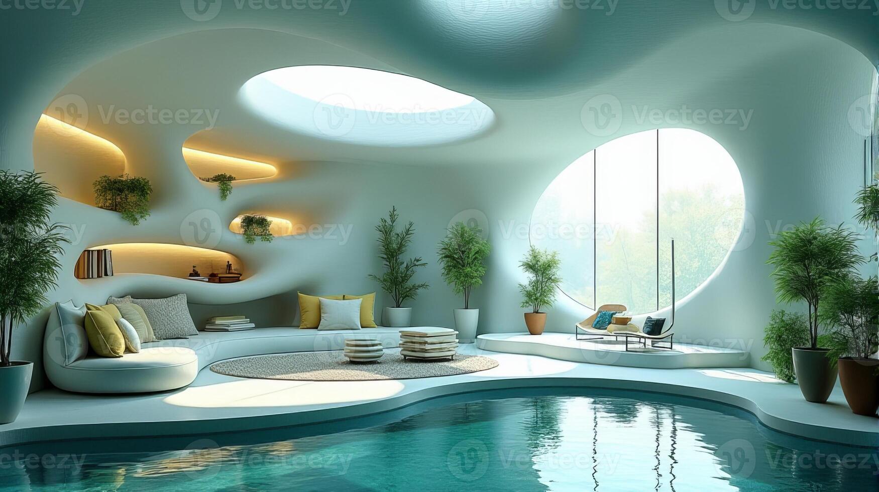 Interior Space Integrating Organic and Fluid Forms Into a Functional Living Area With a Color Palette That Evokes a Cool Toned Natural and Serene Atmosphere photo