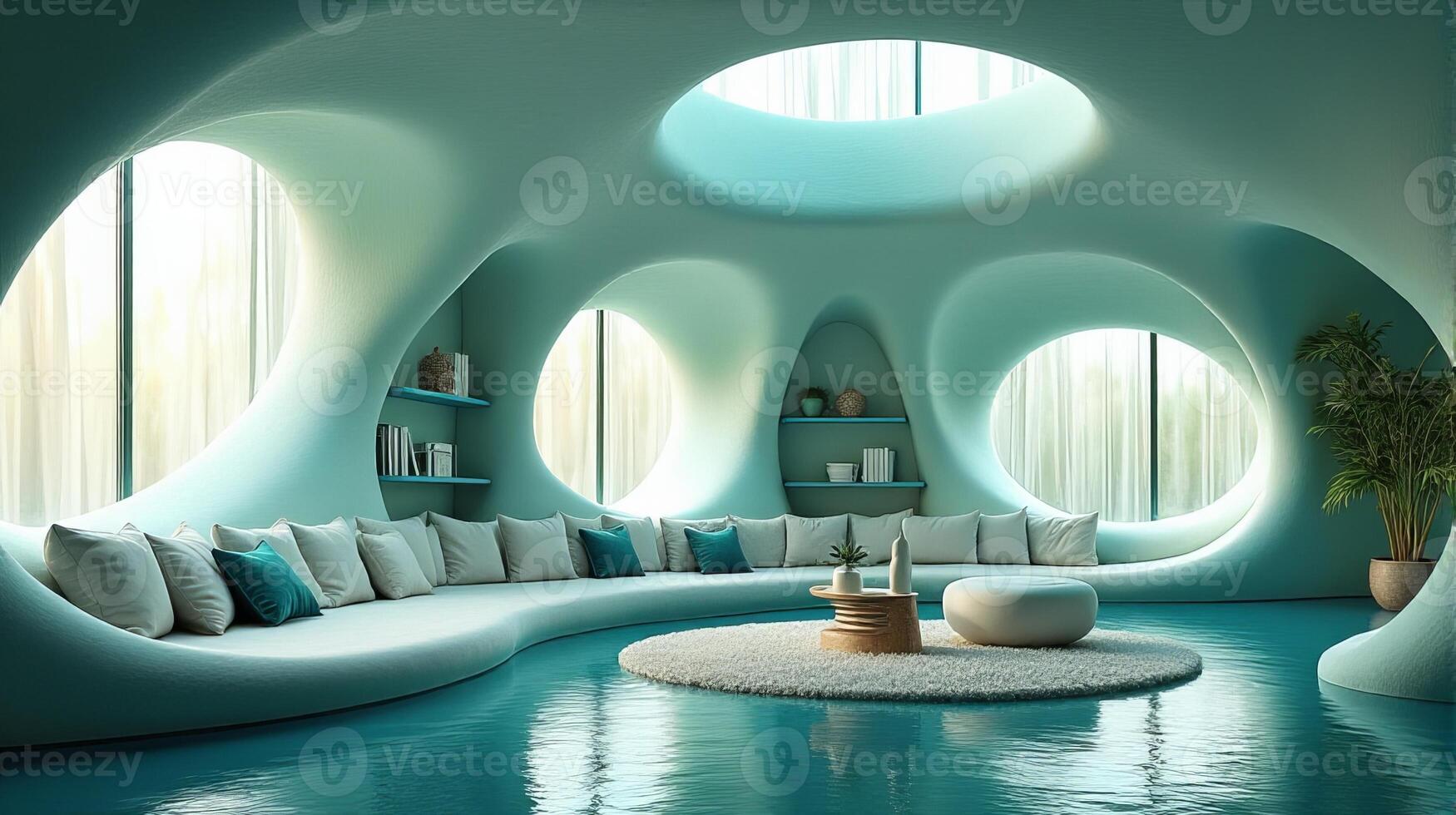 Interior Space Integrating Organic and Fluid Forms Into a Functional Living Area With a Color Palette That Evokes a Cool Toned Natural and Serene Atmosphere photo