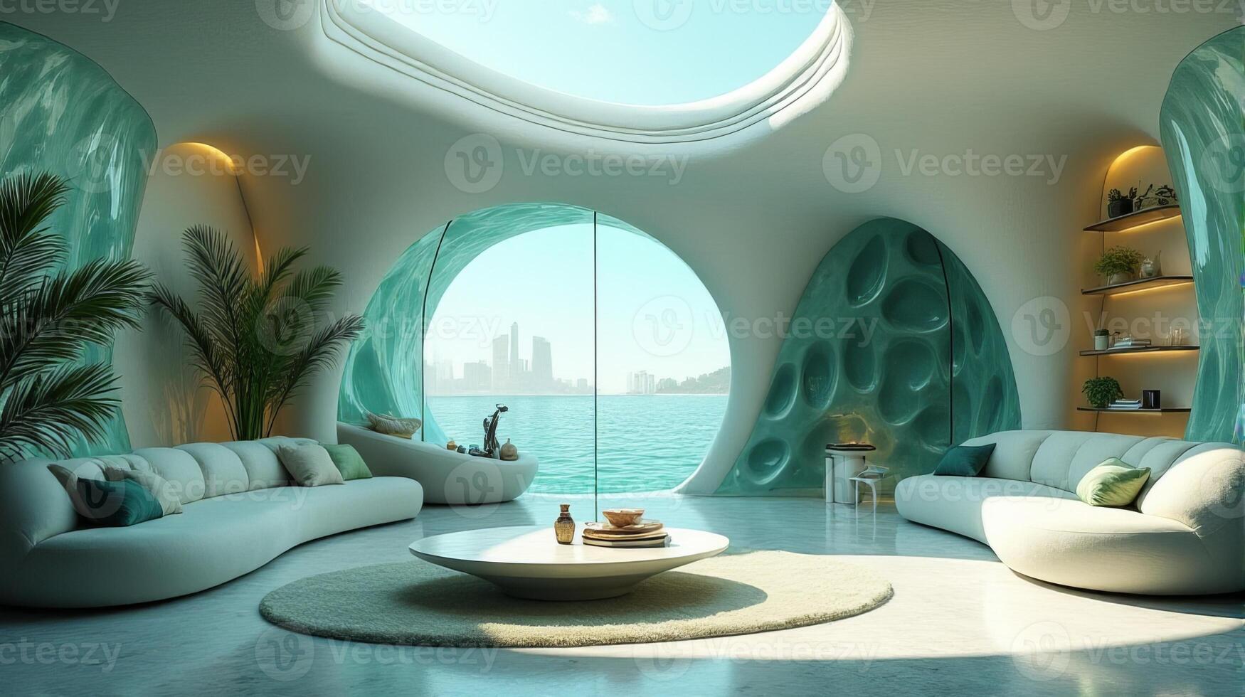 Interior Space Integrating Organic and Fluid Forms Into a Functional Living Area With a Color Palette That Evokes a Cool Toned Natural and Serene Atmosphere photo