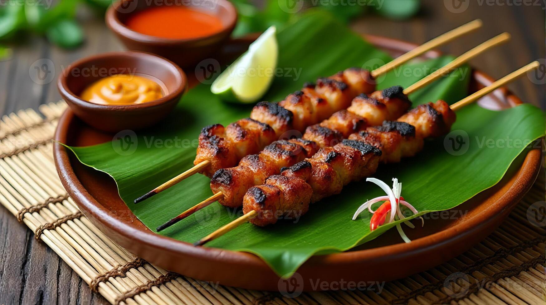 Traditional Indonesian Satay Dish, Featuring Skewered and Grilled Meat Served on a Banana Leaf, Accompanied by a Side of Peanut Sauce for Dipping and Some Garnish photo