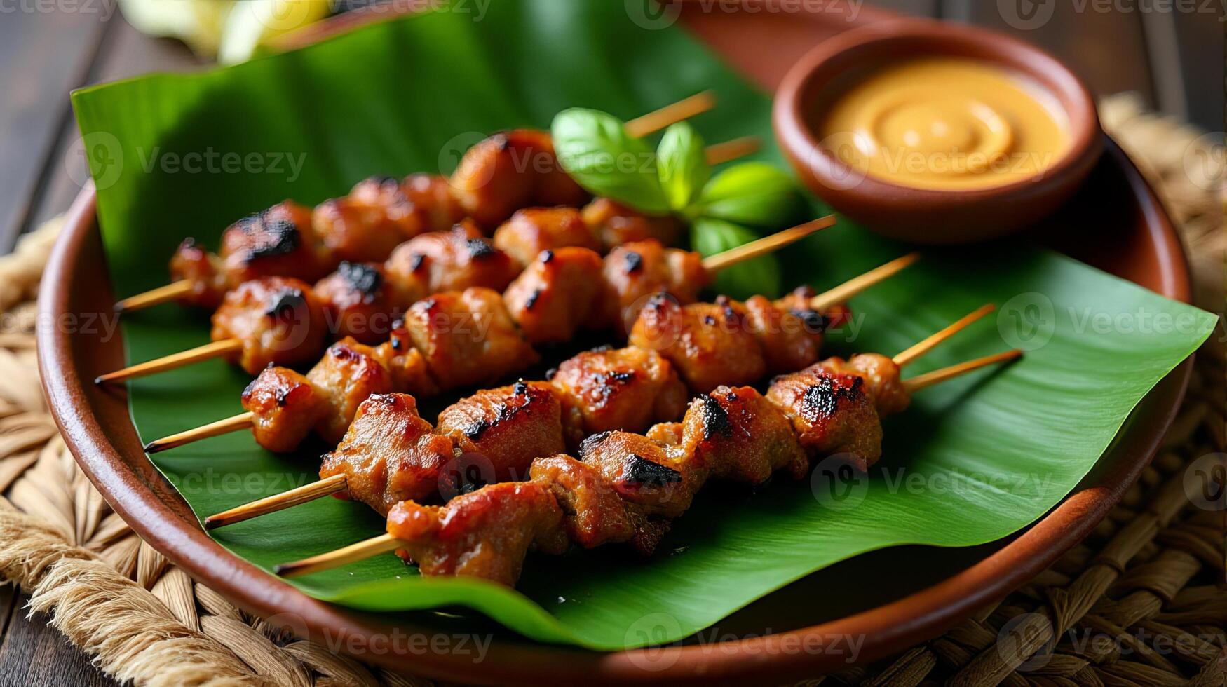 Traditional Indonesian Satay Dish, Featuring Skewered and Grilled Meat Served on a Banana Leaf, Accompanied by a Side of Peanut Sauce for Dipping and Some Garnish photo