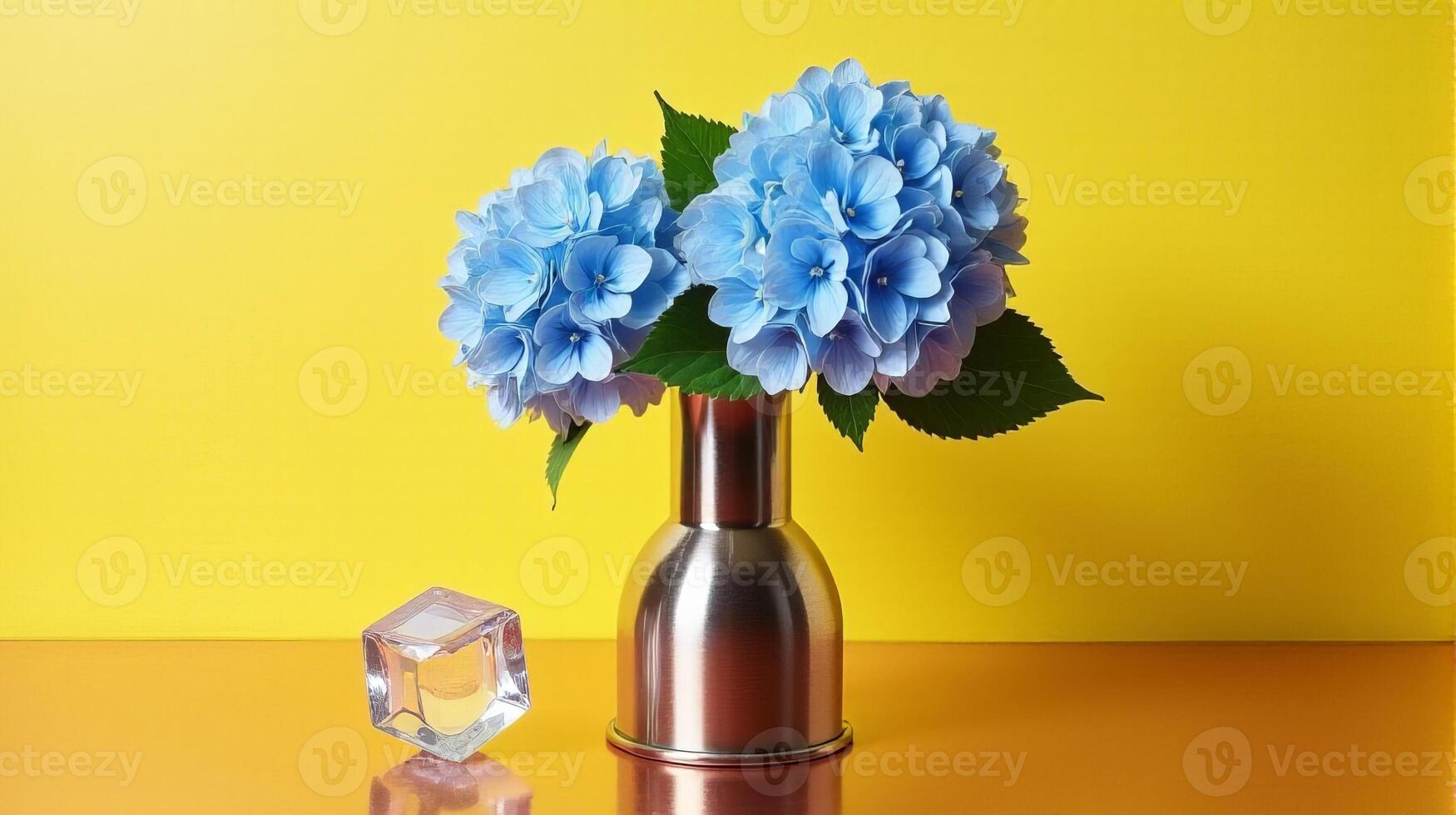 Metal Vase With Delicate Blue Hydrangeas on a Warm Yellow Background. With Transparent Crystal Beside The Vase photo