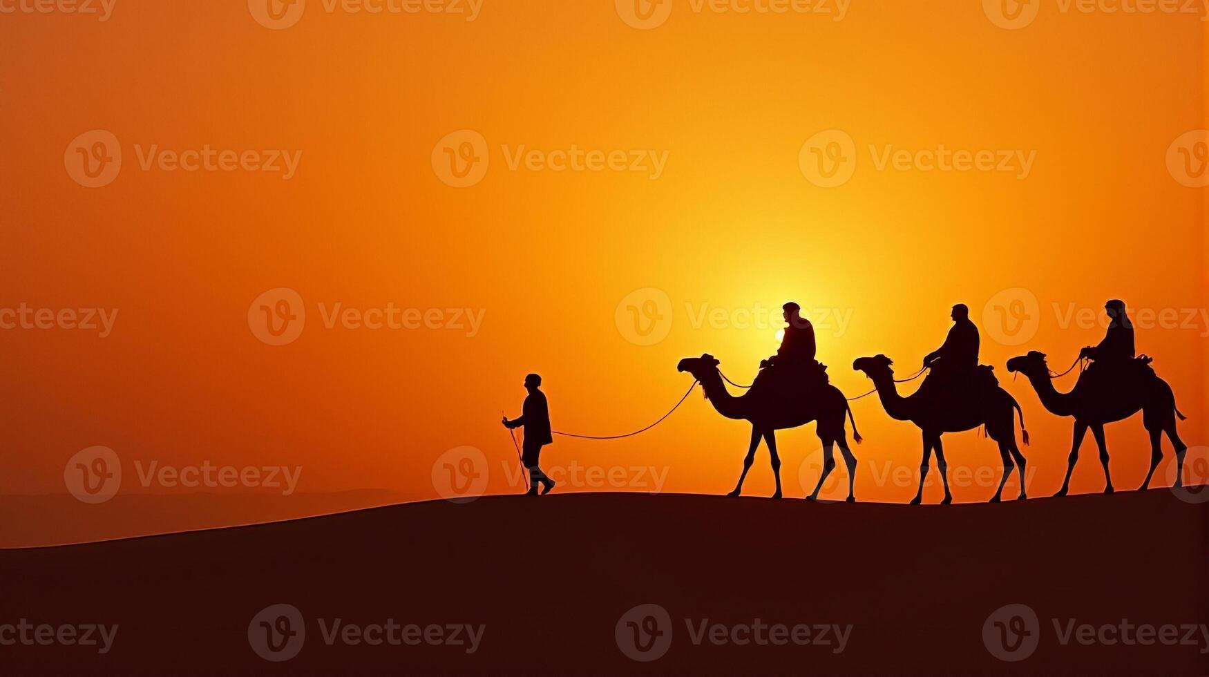 Silhouette of Camel Riders Against an Orange Hued Sky on a Desert Dunes Under Dramatic Sunset photo