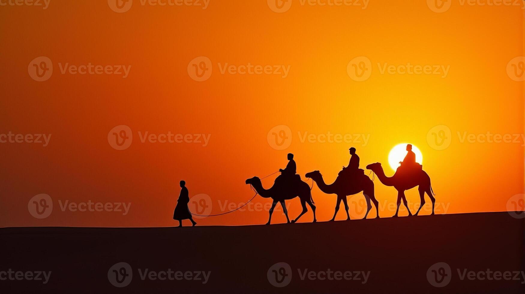 Silhouette of Camel Riders Against an Orange Hued Sky on a Desert Dunes Under Dramatic Sunset photo