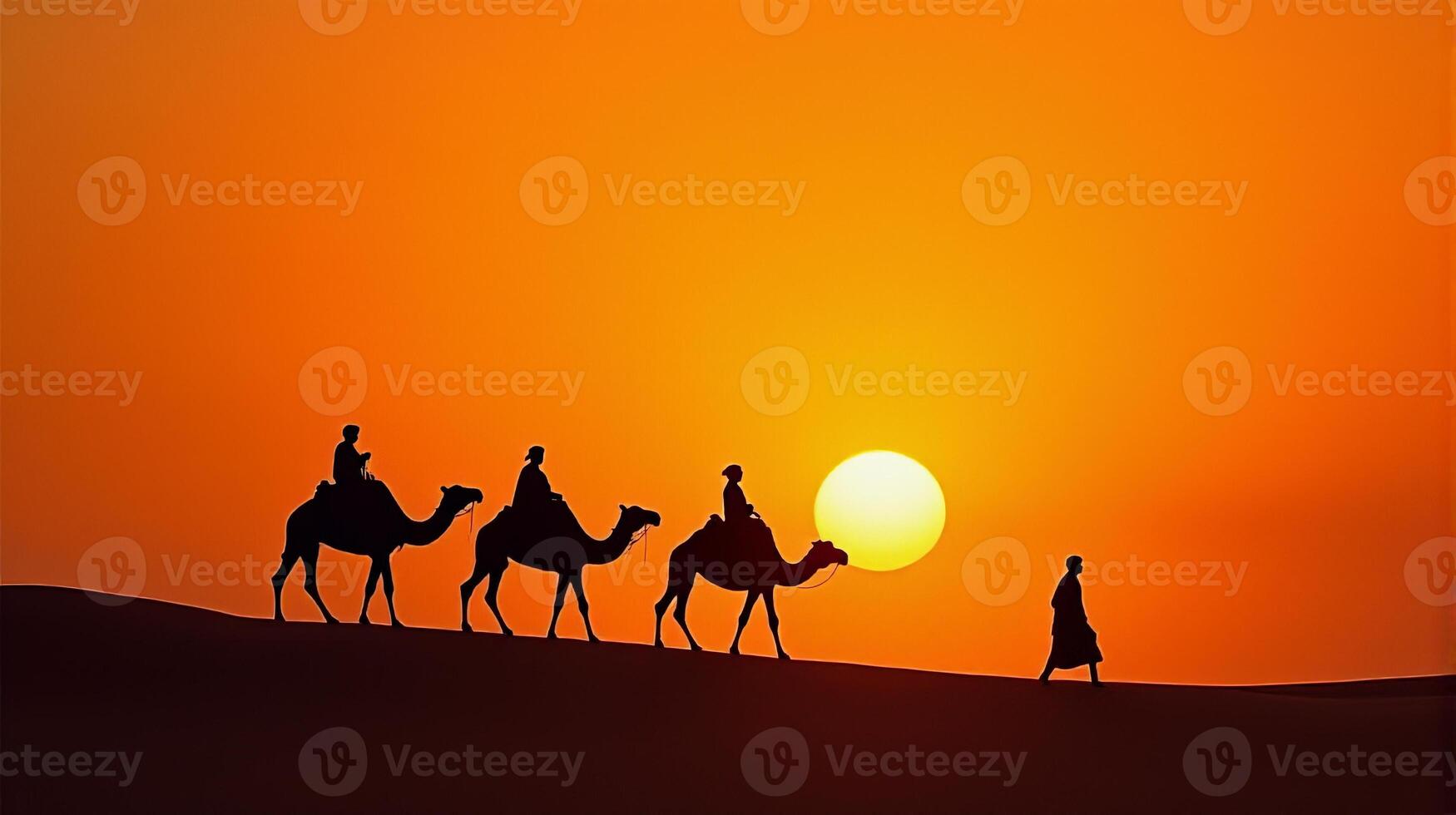 Silhouette of Camel Riders Against an Orange Hued Sky on a Desert Dunes Under Dramatic Sunset photo