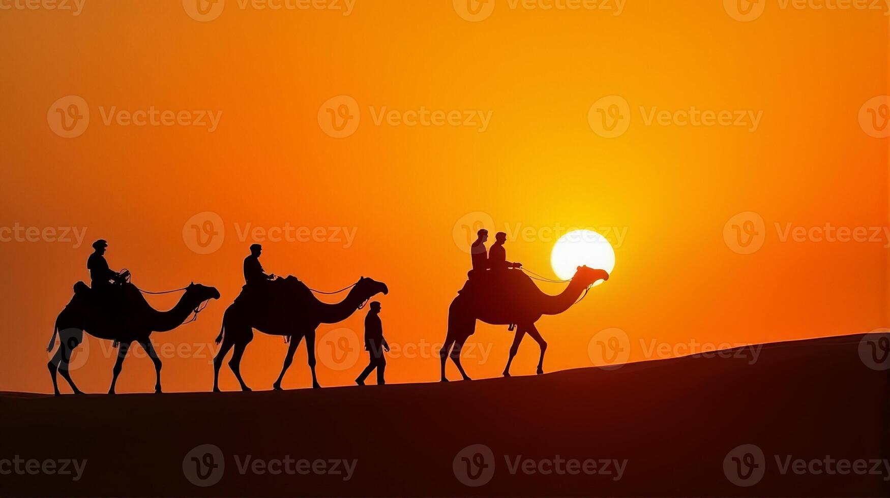 Silhouette of Camel Riders Against an Orange Hued Sky on a Desert Dunes Under Dramatic Sunset photo