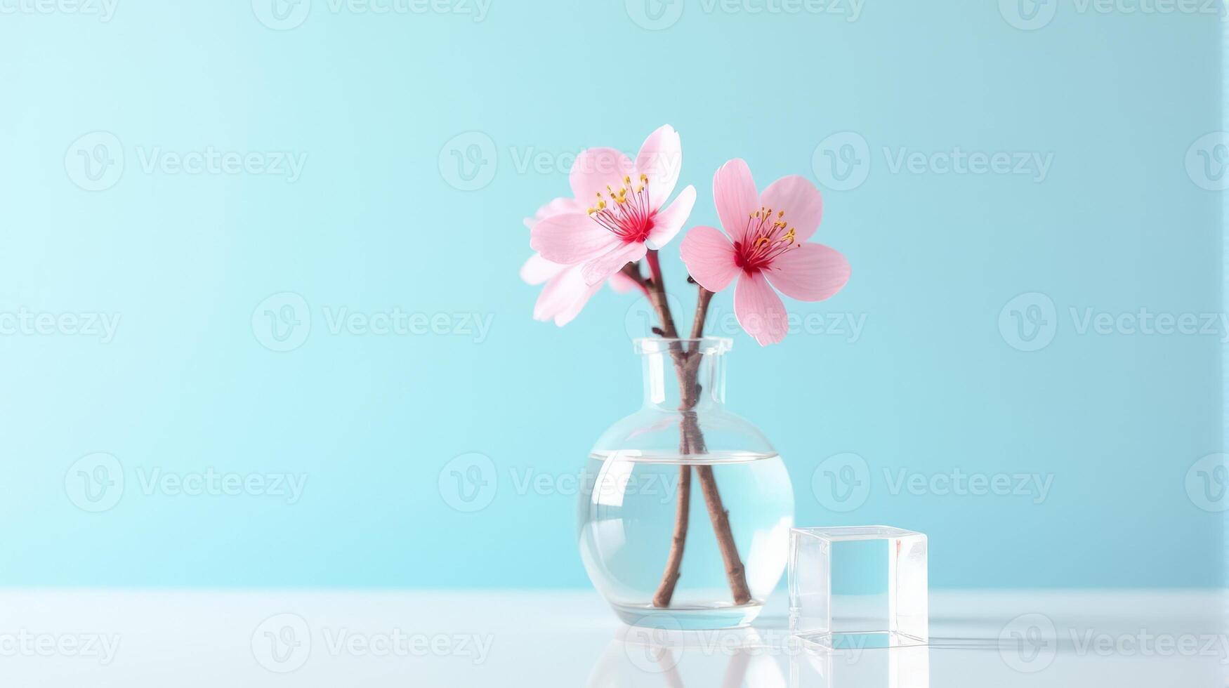 Clear Glass Vase With Delicate Pink Cherry Blossoms on a Light Blue Background. With Transparent Crystal Beside The Vase photo