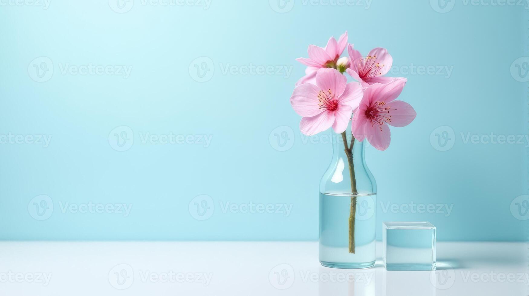 Clear Glass Vase With Delicate Pink Cherry Blossoms on a Light Blue Background. With Transparent Crystal Beside The Vase photo