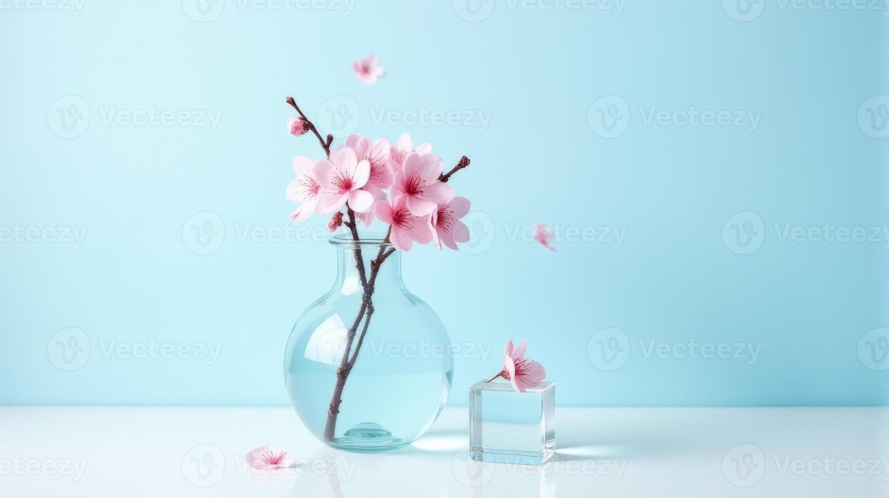Clear Glass Vase With Delicate Pink Cherry Blossoms on a Light Blue Background. With Transparent Crystal Beside The Vase photo