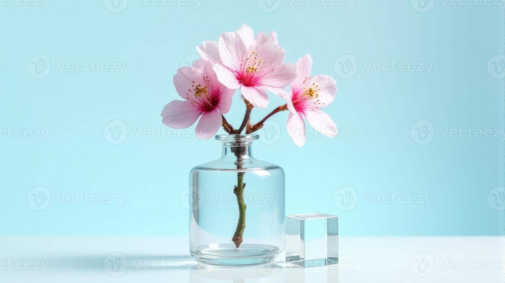 Clear Glass Vase With Delicate Pink Cherry Blossoms on a Light Blue Background. With Transparent Crystal Beside The Vase photo