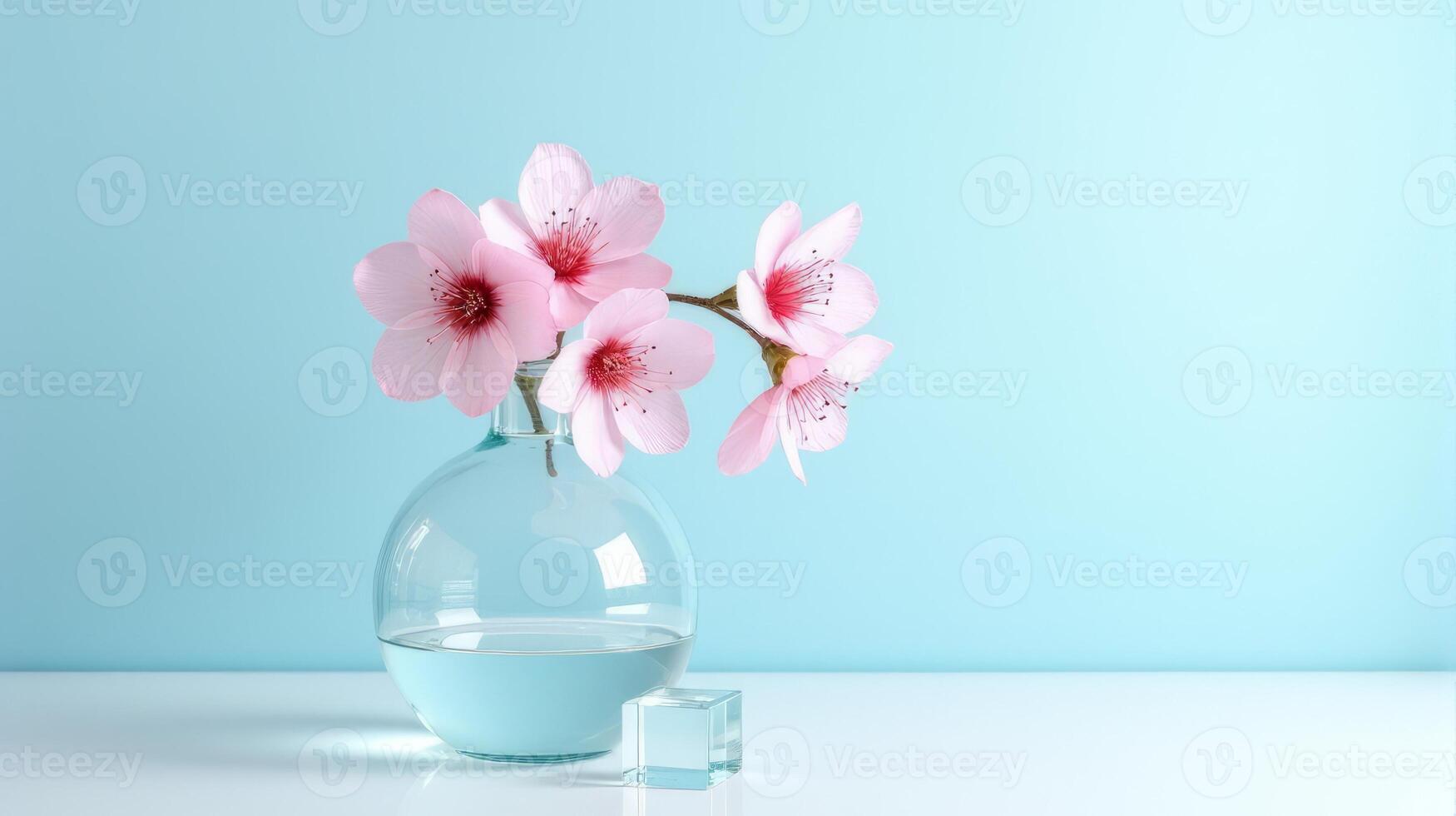 Clear Glass Vase With Delicate Pink Cherry Blossoms on a Light Blue Background. With Transparent Crystal Beside The Vase photo