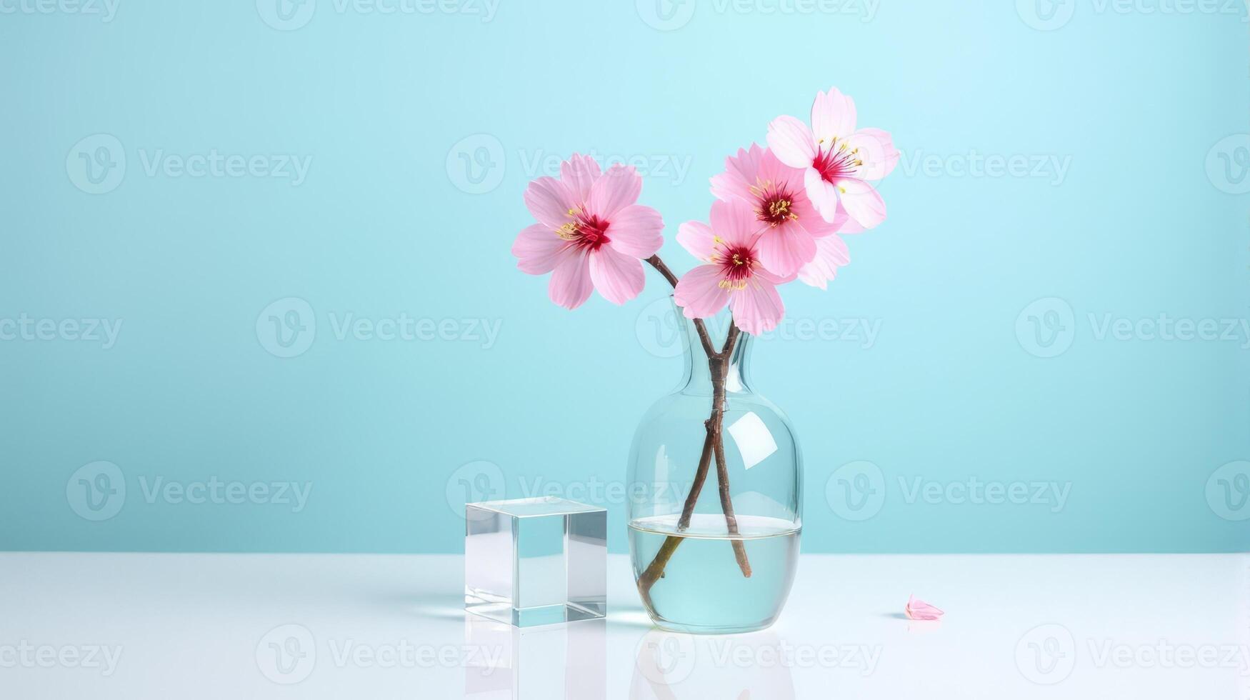 Clear Glass Vase With Delicate Pink Cherry Blossoms on a Light Blue Background. With Transparent Crystal Beside The Vase photo
