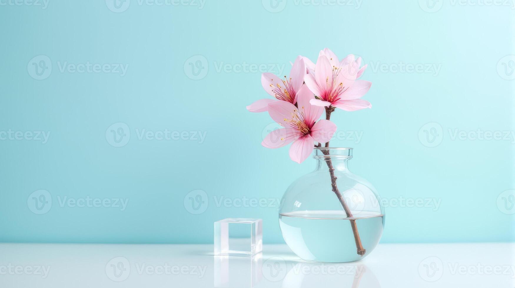 Clear Glass Vase With Delicate Pink Cherry Blossoms on a Light Blue Background. With Transparent Crystal Beside The Vase photo