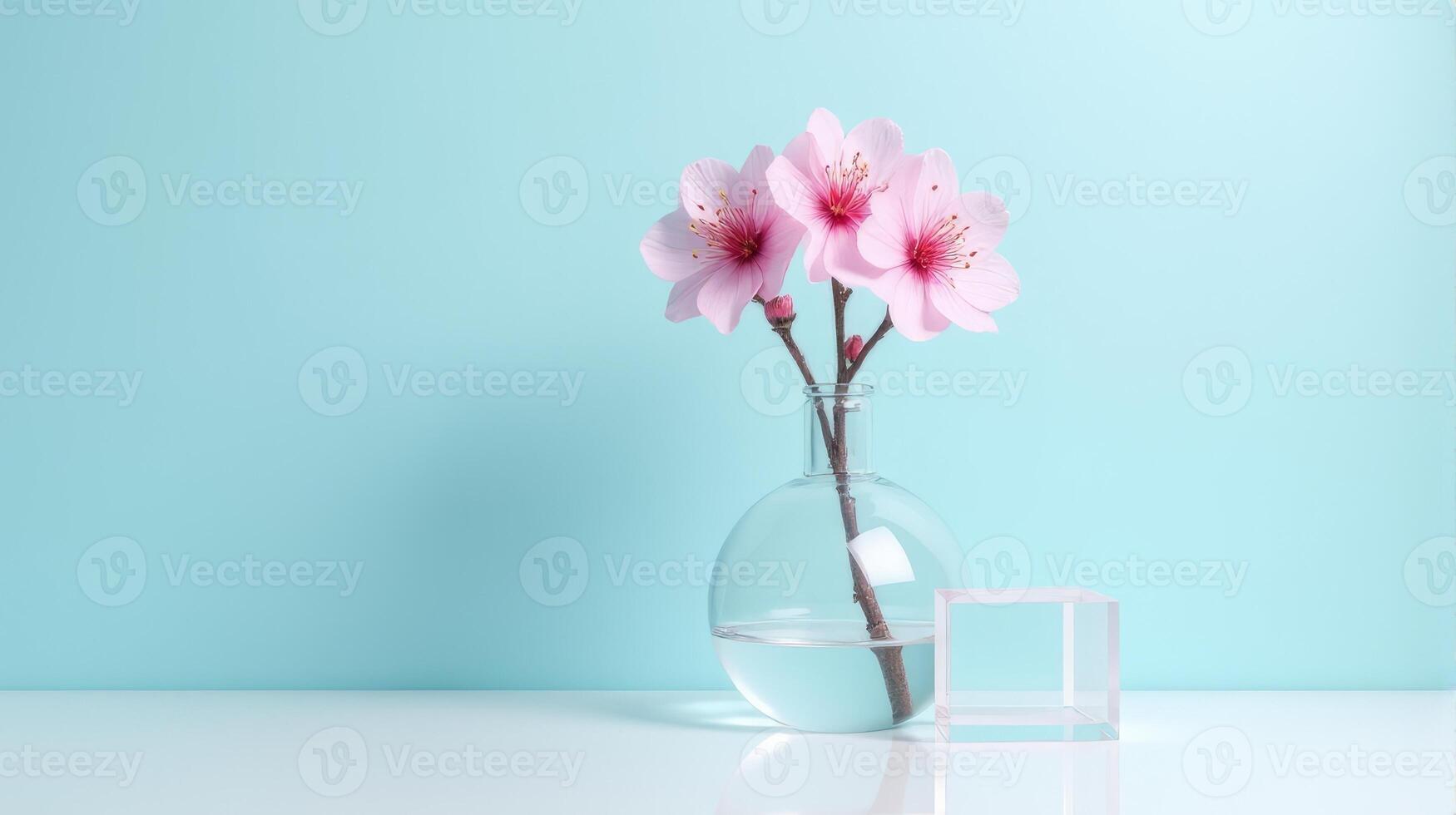 Clear Glass Vase With Delicate Pink Cherry Blossoms on a Light Blue Background. With Transparent Crystal Beside The Vase photo