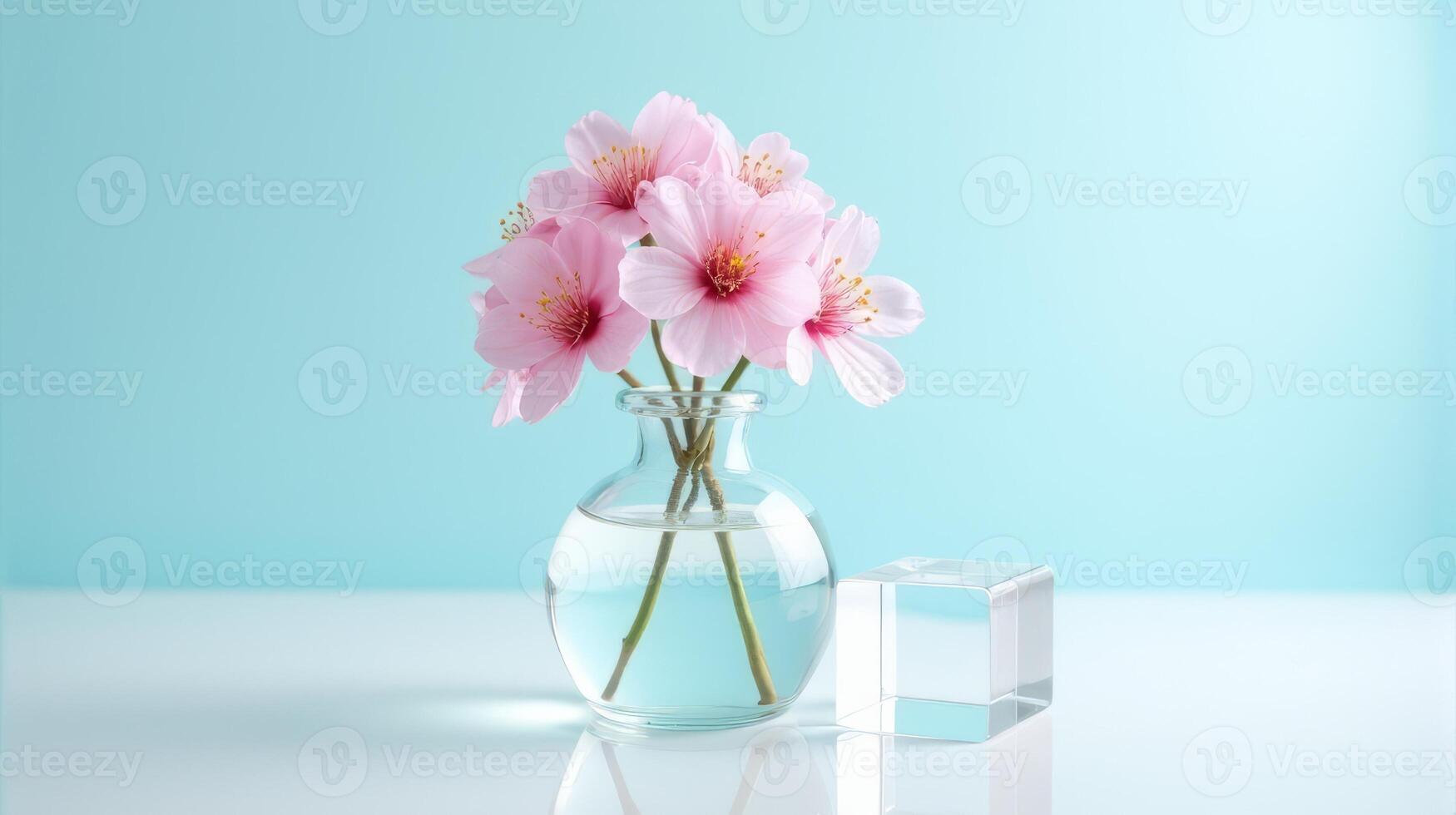 Clear Glass Vase With Delicate Pink Cherry Blossoms on a Light Blue Background. With Transparent Crystal Beside The Vase photo