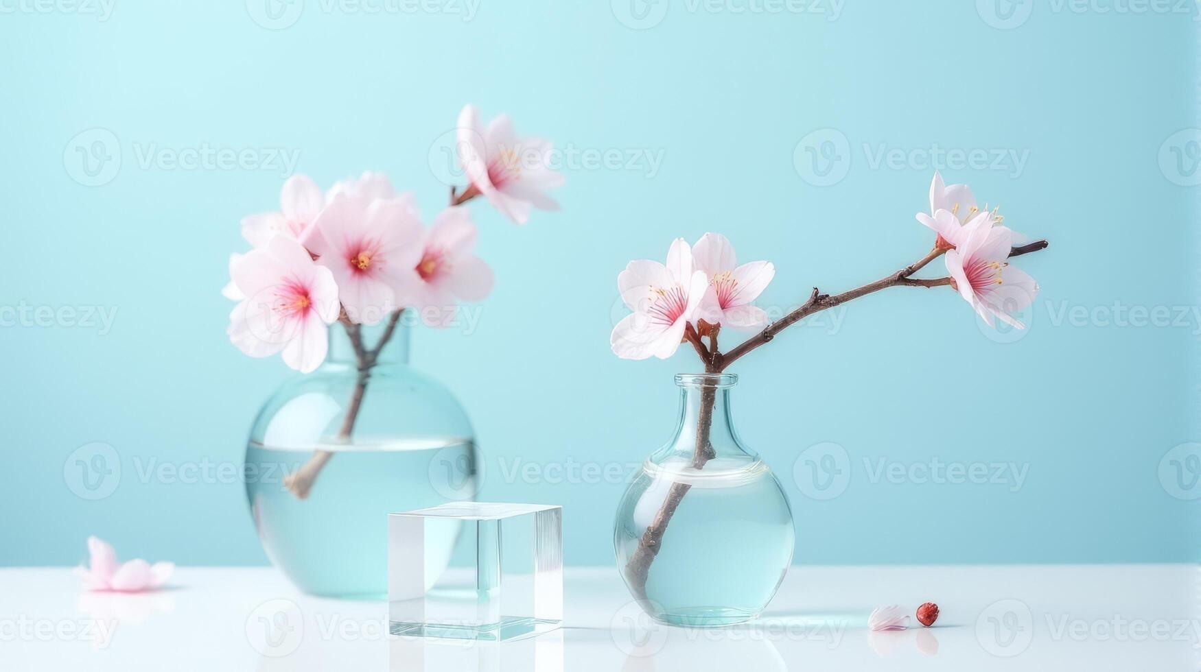 Clear Glass Vase With Delicate Pink Cherry Blossoms on a Light Blue Background. With Transparent Crystal Beside The Vase photo