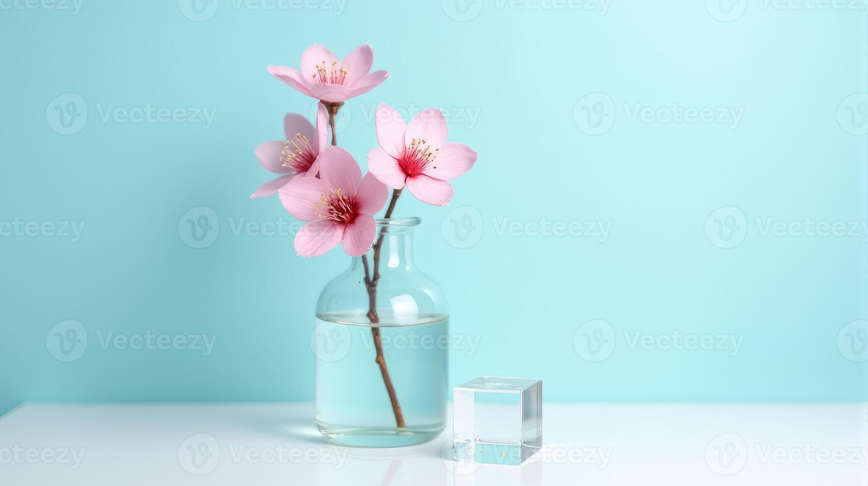 Clear Glass Vase With Delicate Pink Cherry Blossoms on a Light Blue Background. With Transparent Crystal Beside The Vase photo