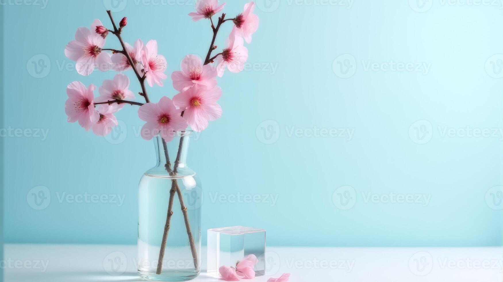 Clear Glass Vase With Delicate Pink Cherry Blossoms on a Light Blue Background. With Transparent Crystal Beside The Vase photo