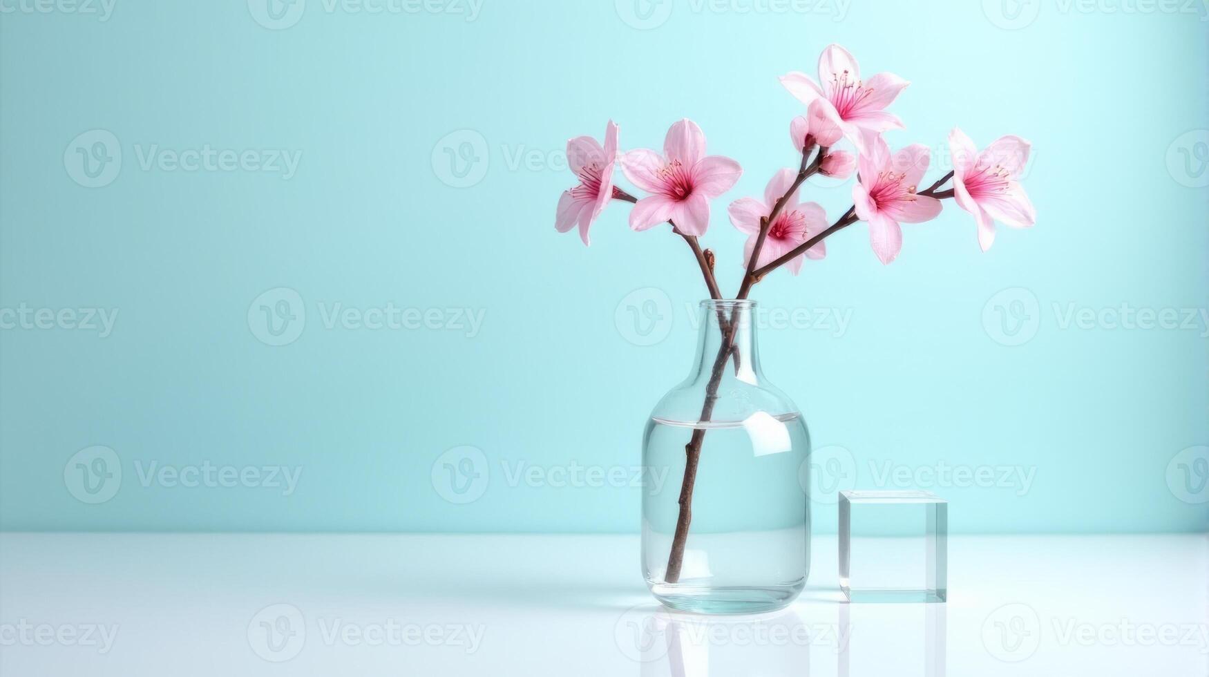 Clear Glass Vase With Delicate Pink Cherry Blossoms on a Light Blue Background. With Transparent Crystal Beside The Vase photo