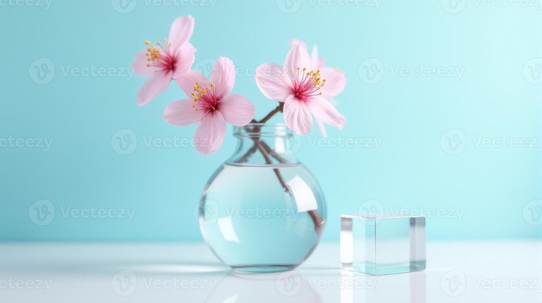 Clear Glass Vase With Delicate Pink Cherry Blossoms on a Light Blue Background. With Transparent Crystal Beside The Vase photo