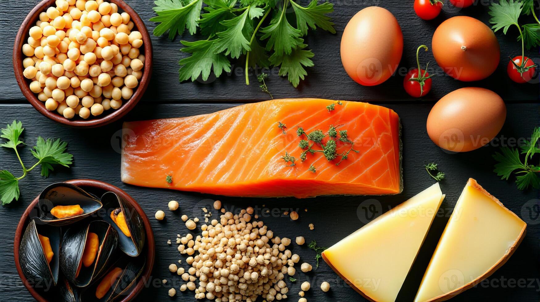 Fresh Salmon and Eggs Among Others Arrange Aesthetically on a Dark Wooden Surface With Accompanying Fresh Herbs photo