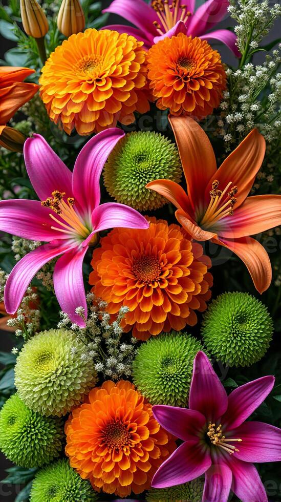 Intricate and Vibrant Floral Arrangement Featuring a Diverse Mix of Flowers photo