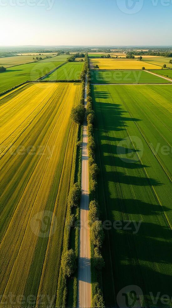 Aerial View of Farmland With Distinct Geometric Patterns Formed by Various Crops photo
