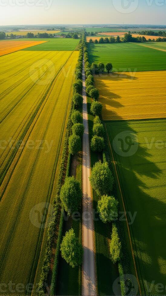Aerial View of Farmland With Distinct Geometric Patterns Formed by Various Crops photo