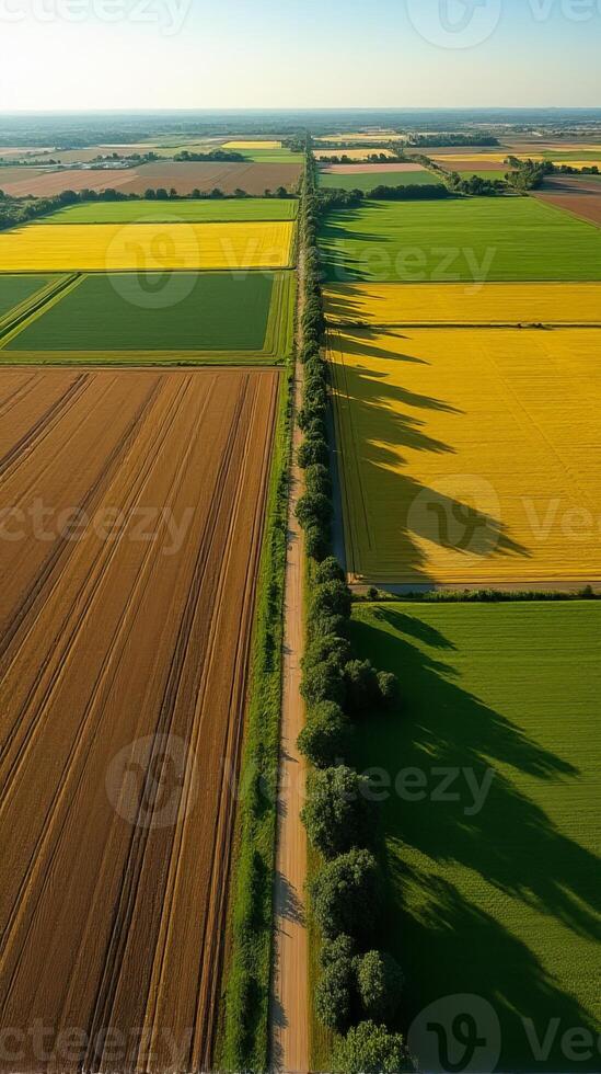 Aerial View of Farmland With Distinct Geometric Patterns Formed by Various Crops photo
