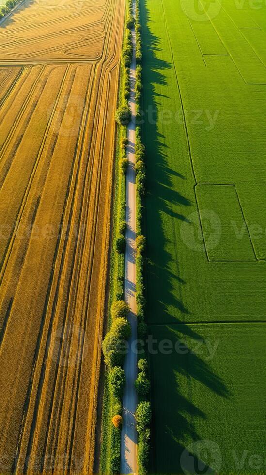 Aerial View of Farmland With Distinct Geometric Patterns Formed by Various Crops photo