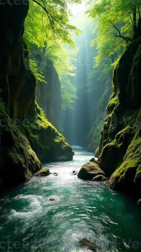 Serene and Narrow River Gorge With Lush Greenery, Sunlight Filtering Through the Foliage, Highlighting the Moss Covered Rocks photo