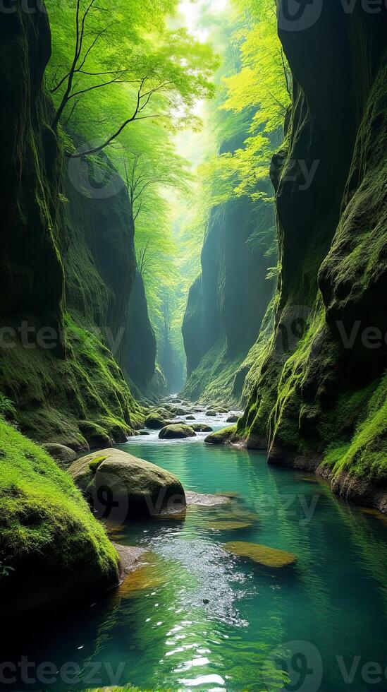 Serene and Narrow River Gorge With Lush Greenery, Sunlight Filtering Through the Foliage, Highlighting the Moss Covered Rocks photo