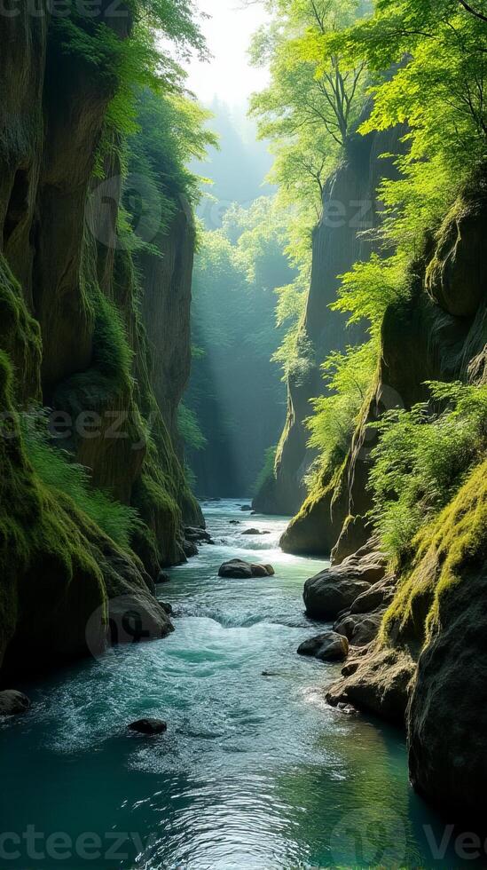Serene and Narrow River Gorge With Lush Greenery, Sunlight Filtering Through the Foliage, Highlighting the Moss Covered Rocks photo