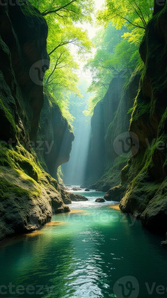 Serene and Narrow River Gorge With Lush Greenery, Sunlight Filtering Through the Foliage, Highlighting the Moss Covered Rocks photo