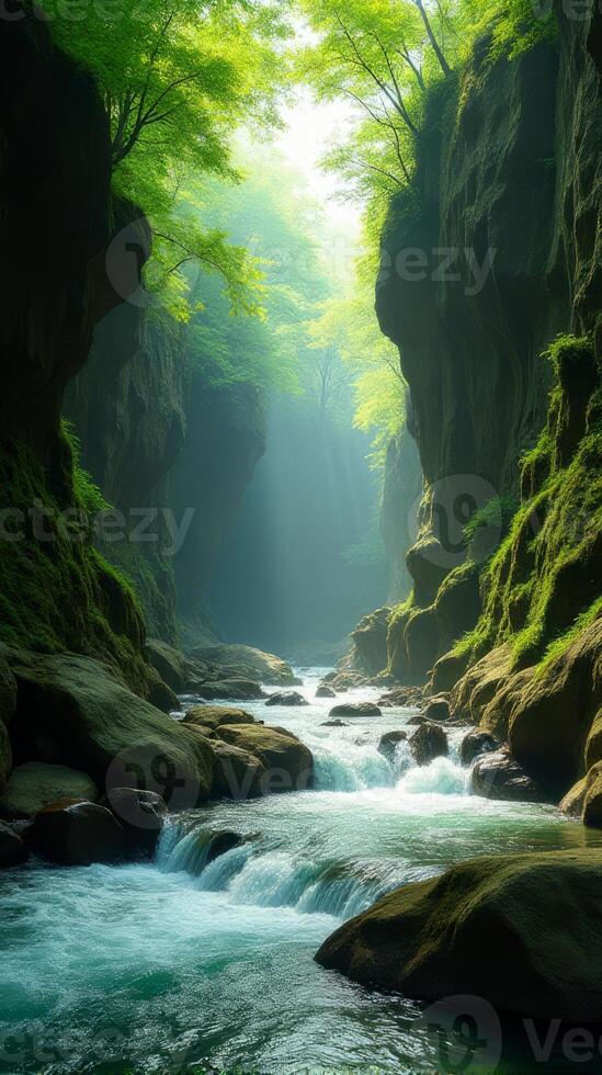 Serene and Narrow River Gorge With Lush Greenery, Sunlight Filtering Through the Foliage, Highlighting the Moss Covered Rocks photo