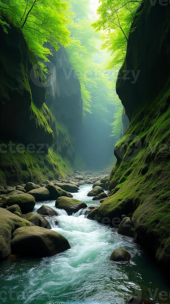 Serene and Narrow River Gorge With Lush Greenery, Sunlight Filtering Through the Foliage, Highlighting the Moss Covered Rocks photo