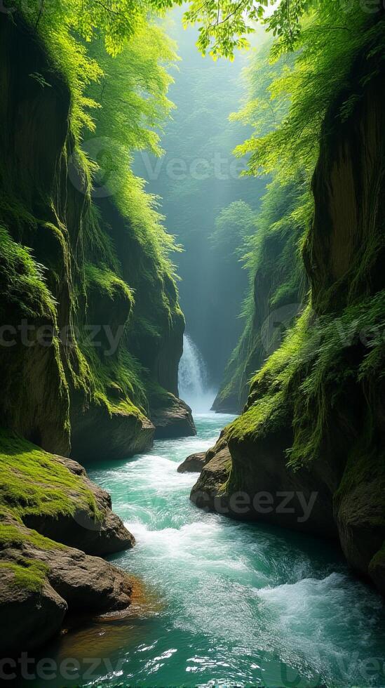 Serene and Narrow River Gorge With Lush Greenery, Sunlight Filtering Through the Foliage, Highlighting the Moss Covered Rocks photo